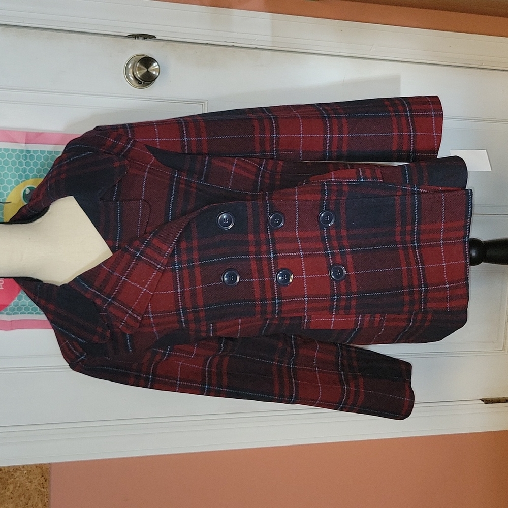 Larry Levine Red and Black Plaid Double-Breasted Peacoat